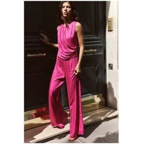 NWT ZARA GATHERED WAIST SATIN EFFECT JUMPSUIT FUCHSIA